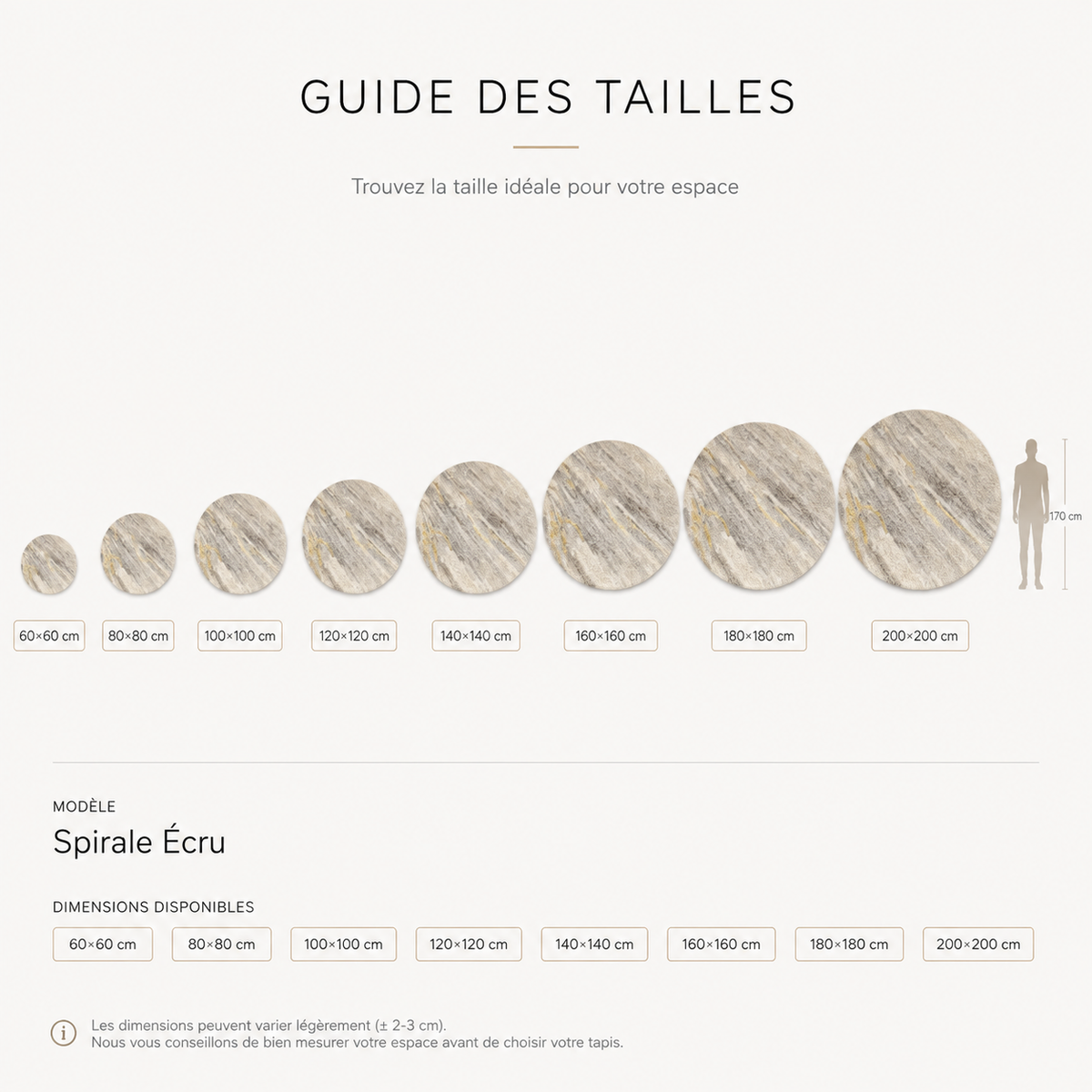 Guide des tailles - Tapis Rond Minimaliste Gris Salon - Lavable en Machine - 60 à 140cm